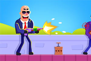 スーツを着てサングラスをかけた人物がカラフルな銃を撃っているイラスト。
