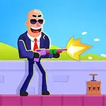 スーツを着てサングラスをかけた人物がカラフルな銃を撃っているイラスト。