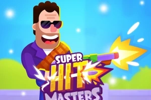 紫のスーツを着たキャラクターが、大きな銃を構えて笑顔でサングラスをかけている。