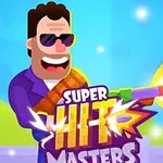 紫のスーツを着たキャラクターが、大きな銃を構えて笑顔でサングラスをかけている。