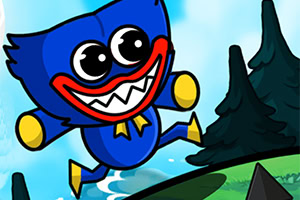 青いキャラクターが大きな目と赤い口で笑いながら森の中をジャンプしている。