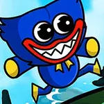 青いキャラクターが大きな目と赤い口で笑いながら森の中をジャンプしている。