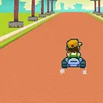 赤い道を走る小さなカートとドライバー。