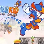 青とオレンジのスーツを着たキャラクターが空中でジャンプしているイラスト。