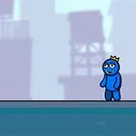 青いキャラクターが王冠をかぶり、白い犬と向かい合っている。