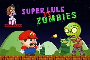 ヒゲの男性キャラクターとゾンビが向き合っているシーンで、上部には「SUPER LULE VS ZOMBIES」と書かれており、背景に夜空と女性キャラクターが描かれています。