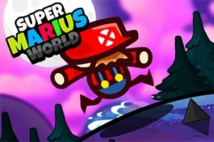 赤い帽子とオーバーオールを着たキャラクターが森の中の丘をジャンプしているシーン。