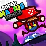 赤い帽子とオーバーオールを着たキャラクターが森の中の丘をジャンプしているシーン。