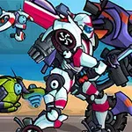 白いアーマーを身に着けたロボットが剣を持ち、紫色のロボットと対峙している。