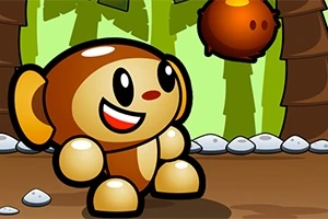森の中で笑顔のサルのキャラクターが、空中の果物を見上げているイラスト。
