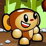森の中で笑顔のサルのキャラクターが、空中の果物を見上げているイラスト。