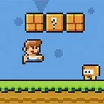 ブロックスタイルの背景を持つ青空の下で、ブロックと敵の間をジャンプするキャラクター。