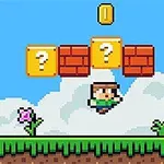 ピクセルアートスタイルのゲーム画面で、キャラクターがレンガブロックとクエスチョンブロックの間をジャンプしながらコインを取る様子。