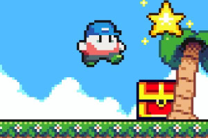 キャップをかぶったキャラクターが星に向かってジャンプしている、宝箱とヤシの木があるピクセルアート風の場面。