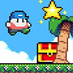 キャップをかぶったキャラクターが星に向かってジャンプしている、宝箱とヤシの木があるピクセルアート風の場面。