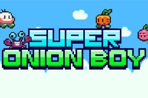 青空を背景に、「SUPER ONION BOY」のロゴが大きく表示され、キャラクターが周囲に配置されている。