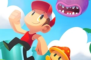 赤い帽子のキャラクターが空を背景に元気にジャンプしているイラスト。