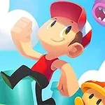 赤い帽子のキャラクターが空を背景に元気にジャンプしているイラスト。