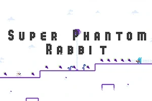 白い背景に黒い文字で「Super Phantom Rabbit」と書かれたシンプルなプラットフォーム、右に青いウサギのキャラクターがいる。