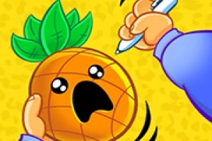 パイナップルが驚いた表情をしており、手にペンを持った人物が描かれています。