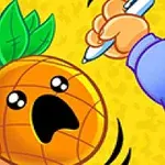 パイナップルが驚いた表情をしており、手にペンを持った人物が描かれています。