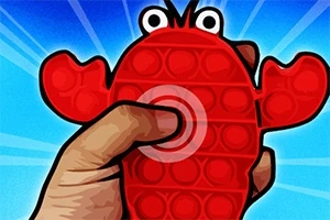 赤いカニの形をしたプッシュポップ式のおもちゃを片手で押している様子。