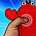 赤いカニの形をしたプッシュポップ式のおもちゃを片手で押している様子。