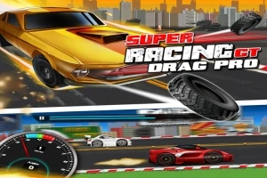 黄色いスポーツカーが街を背景に疾走し、下部に赤いレーシングカーと白い車が競争している。