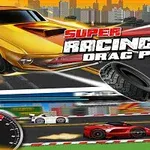 黄色いスポーツカーが街を背景に疾走し、下部に赤いレーシングカーと白い車が競争している。