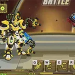 黄色と黒のロボットと赤と青のロボットが宇宙を背景に対峙しているシーン。