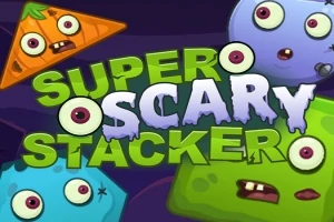 カラフルでコミカルなモンスターの顔が背景に描かれた「SUPER SCARY STACKER」のタイトルテキスト。