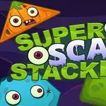 カラフルでコミカルなモンスターの顔が背景に描かれた「SUPER SCARY STACKER」のタイトルテキスト。