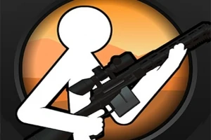 黒背景に白い棒人間が銃を構えているシルエットのイラスト。