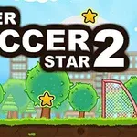 青空の下、木々の間にサッカーボールや星が見える背景に、サッカーゴールが配置されているイラスト。