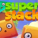 カラフルな四角いキャラクターと丸いキャラクターが空を背景に目を見開いているイラスト。