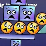 青い背景に、驚いた表情の丸い顔と四角いブロックが重なっているイラスト。