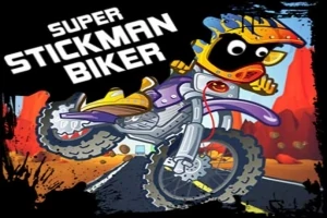 カラフルな防護具を着たキャラクターがオフロードバイクに乗り、後輪で片手を上げてジャンプしている。