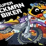 カラフルな防護具を着たキャラクターがオフロードバイクに乗り、後輪で片手を上げてジャンプしている。