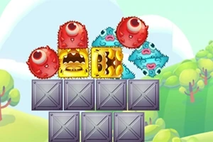 赤い目玉のモンスターと黄色と青のブロックが金属の箱の上に配置されているカラフルなイラスト。