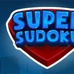 青色の「SUPER SUDOKU」の文字が赤い盾型の背景に配置されたイラスト。