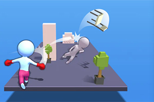 青い背景のプラットフォーム上で、赤い手袋をつけたキャラクターが他のキャラクターをパンチしているイラスト。