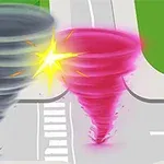 灰色の竜巻とピンク色の竜巻が道路の交差点で衝突している様子。