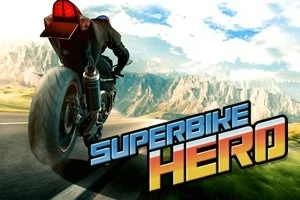 バイクが山道を走っている後ろ姿と「SUPERBIKE HERO」という文字が描かれた画像。