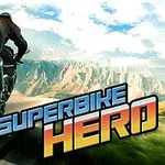 バイクが山道を走っている後ろ姿と「SUPERBIKE HERO」という文字が描かれた画像。