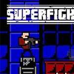 青いブロック壁の前で、武器を持った2人のキャラクターが対峙しているピクセルアートの画像。