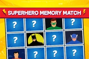 赤いバーに「SUPERHERO MEMORY MATCH」と書かれたスーパーヒーローテーマのカードマッチゲームのイラスト。