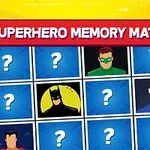 赤いバーに「SUPERHERO MEMORY MATCH」と書かれたスーパーヒーローテーマのカードマッチゲームのイラスト。