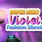 紫色の髪のスーパーヒーローの少女が光る球を手に持ちながら立っている。