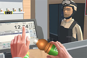 レジでドリンクを持った手と、カウンター越しのヘルメットをかぶった人物。