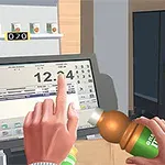 レジでドリンクを持った手と、カウンター越しのヘルメットをかぶった人物。